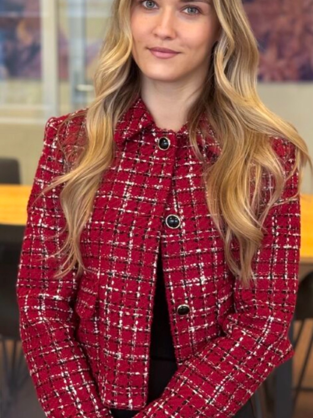 Zara Red Plaid Tweed Blazer with Black Buttons